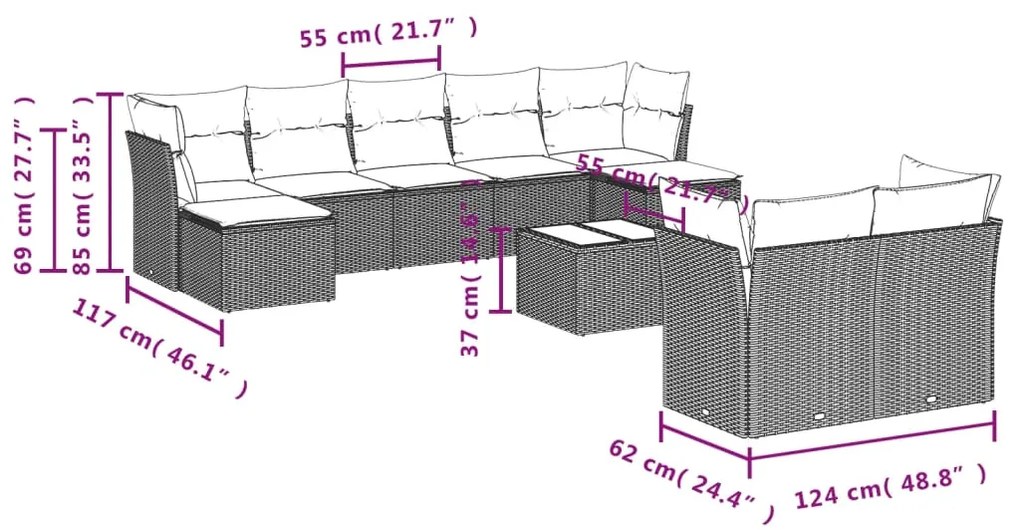 Set divano da giardino 10 pz con cuscini beige in polyrattan