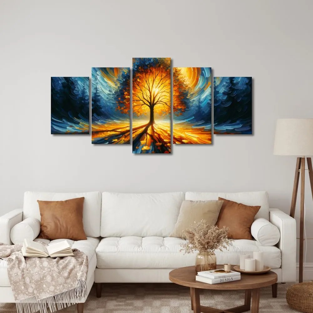 Quadri 5 pezzi – Albero della vita luminoso nei toni infuocati