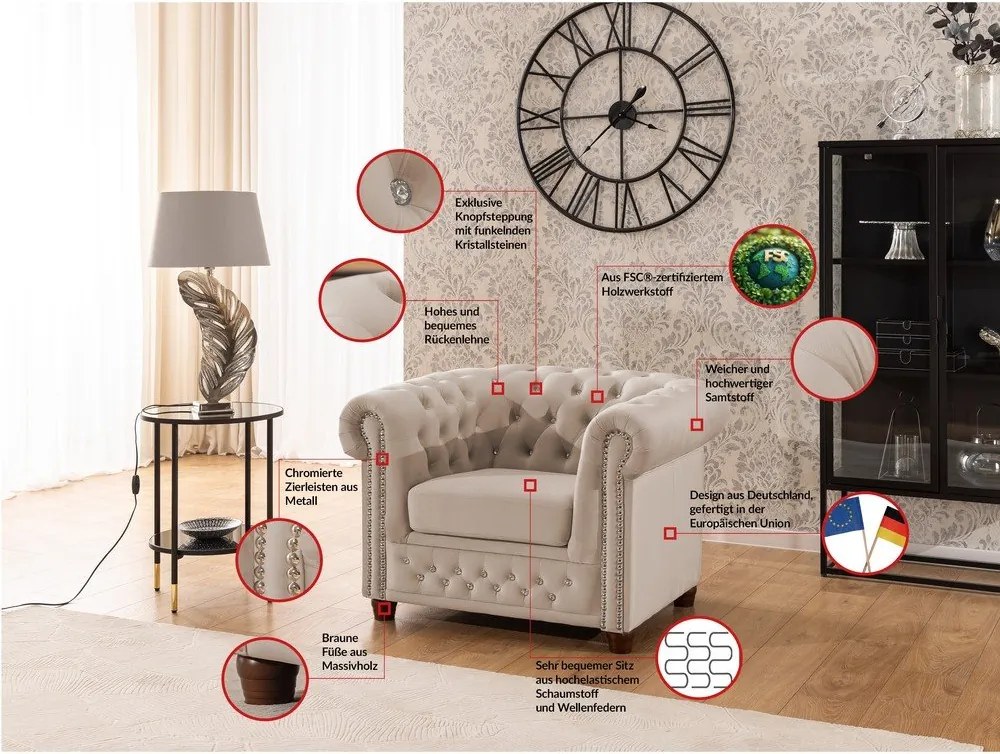 Poltrona chesterfield beige con rivestimento in velluto York Blik – Ropez