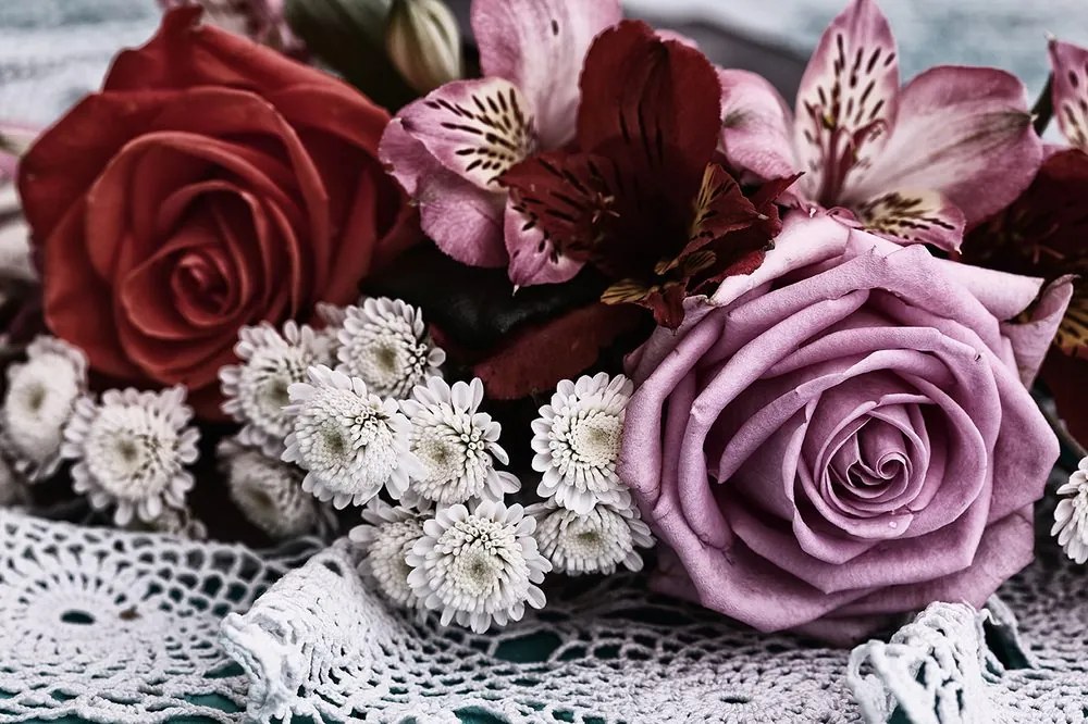 Carta da parati autoadesiva – Bouquet di rose in stile retrò