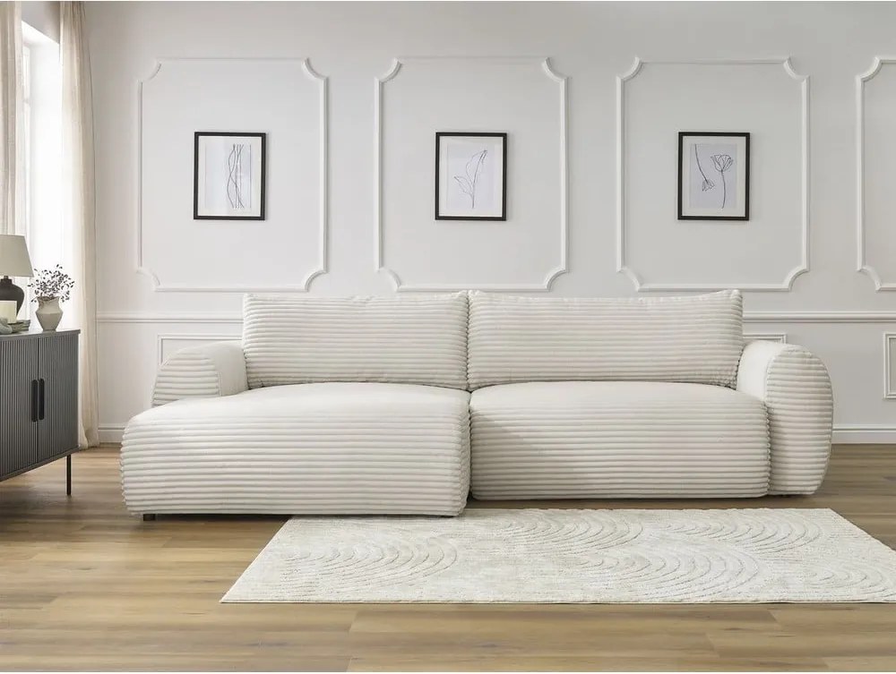 Divano angolare color crema allungabile (con penisola a sinistra) con rivestimento in velluto a coste Lucien – Bobochic Paris