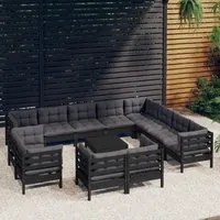 Set Divani da Giardino 13 pz con Cuscini Neri Legno di Pino 3096957