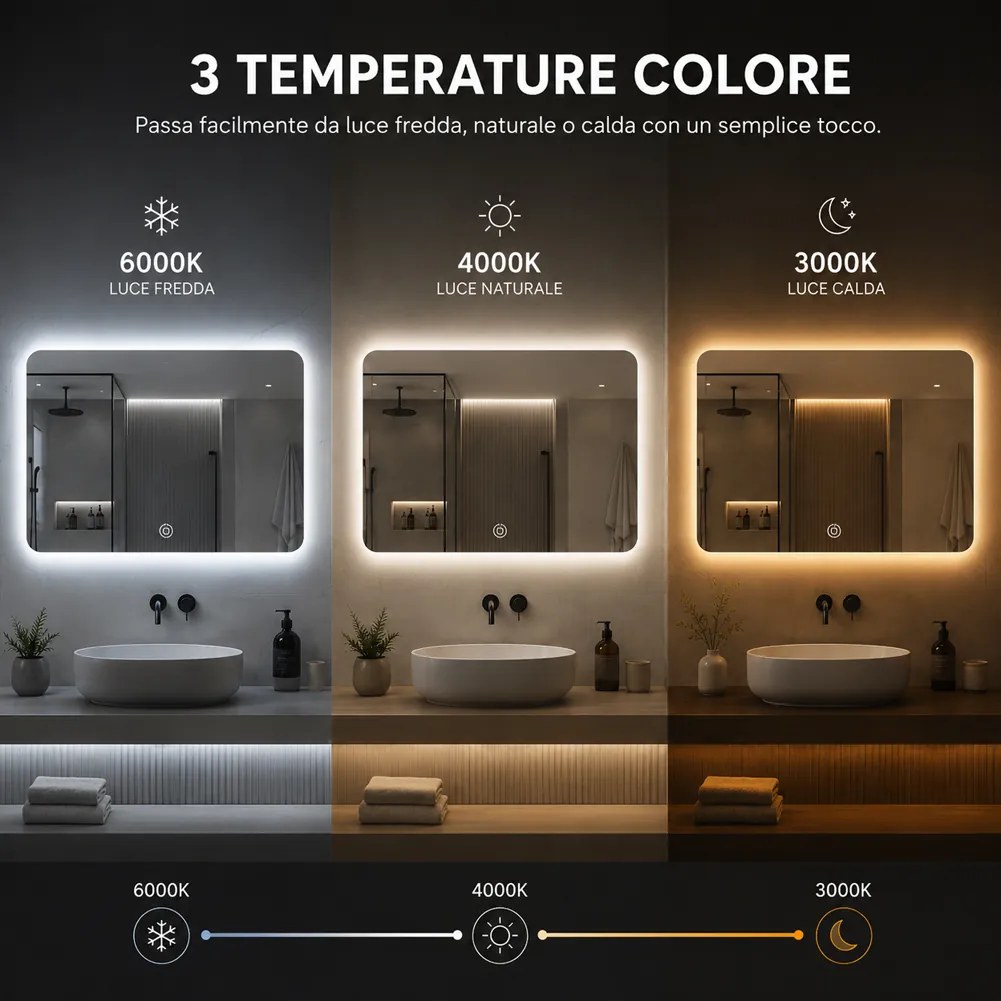 Specchio Rettangolare 70x50 cm con LED 3 Colori Dimmerabile Pulsante Touch...