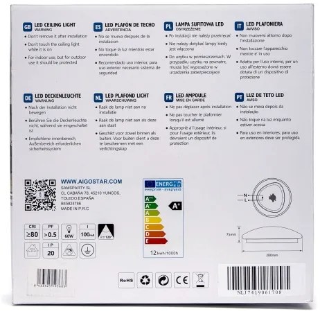 Aigostar - Plafoniera LED con sensore, 12W, 230V, 3000K, Ø 28 cm