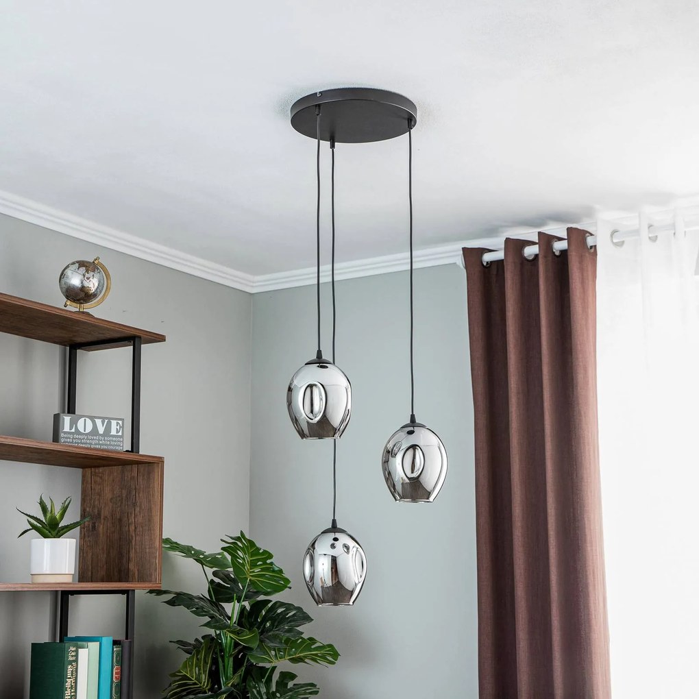 EMIBIG LIGHTING Lampada a sospensione Starla, vetro grafite, rotonda a 3 luci