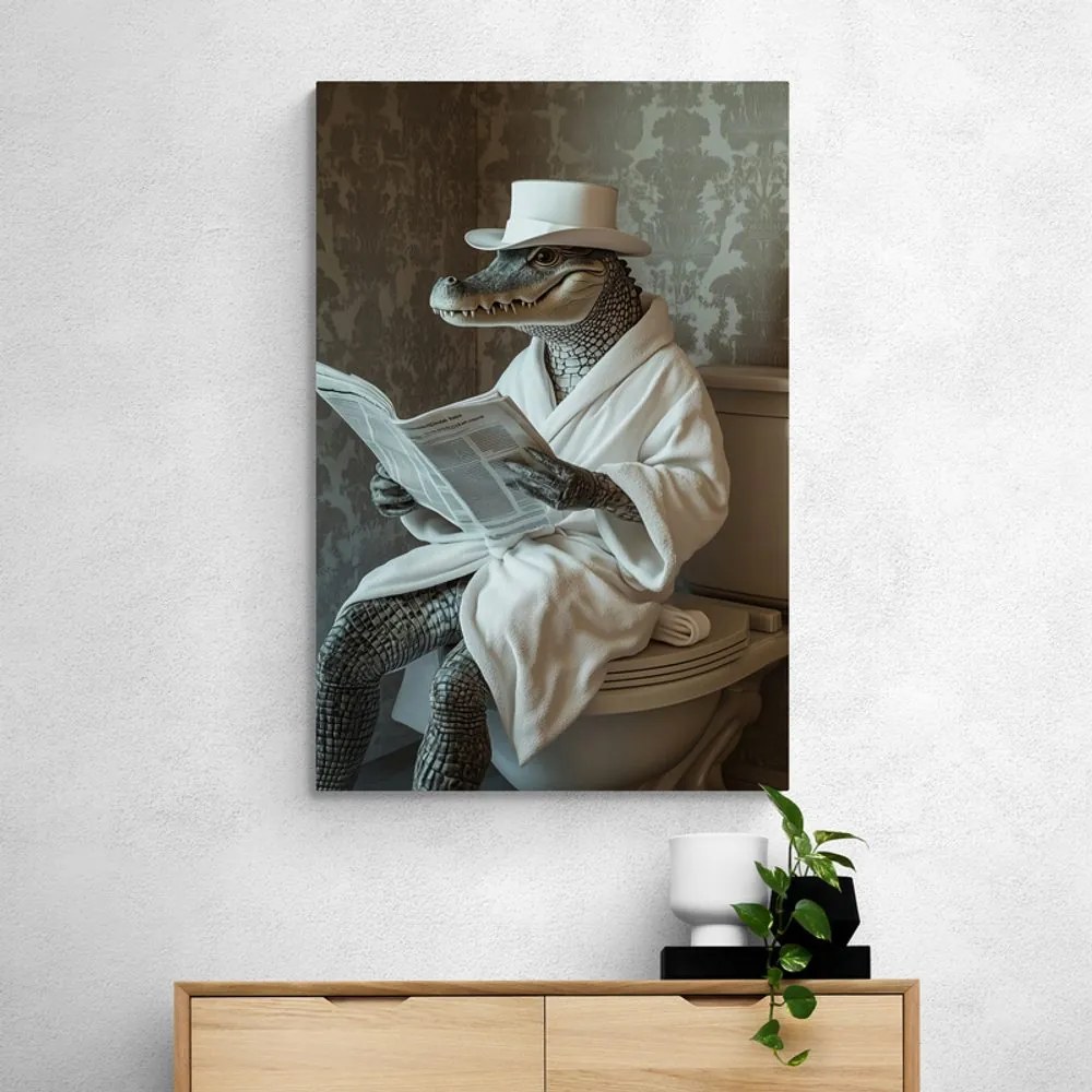 Quadro su tela – Coccodrillo con giornale in bagno