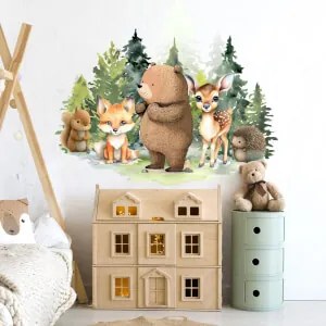 Adesivo murale per la cameretta dei bambini - Orso e animali della foresta | Inspio