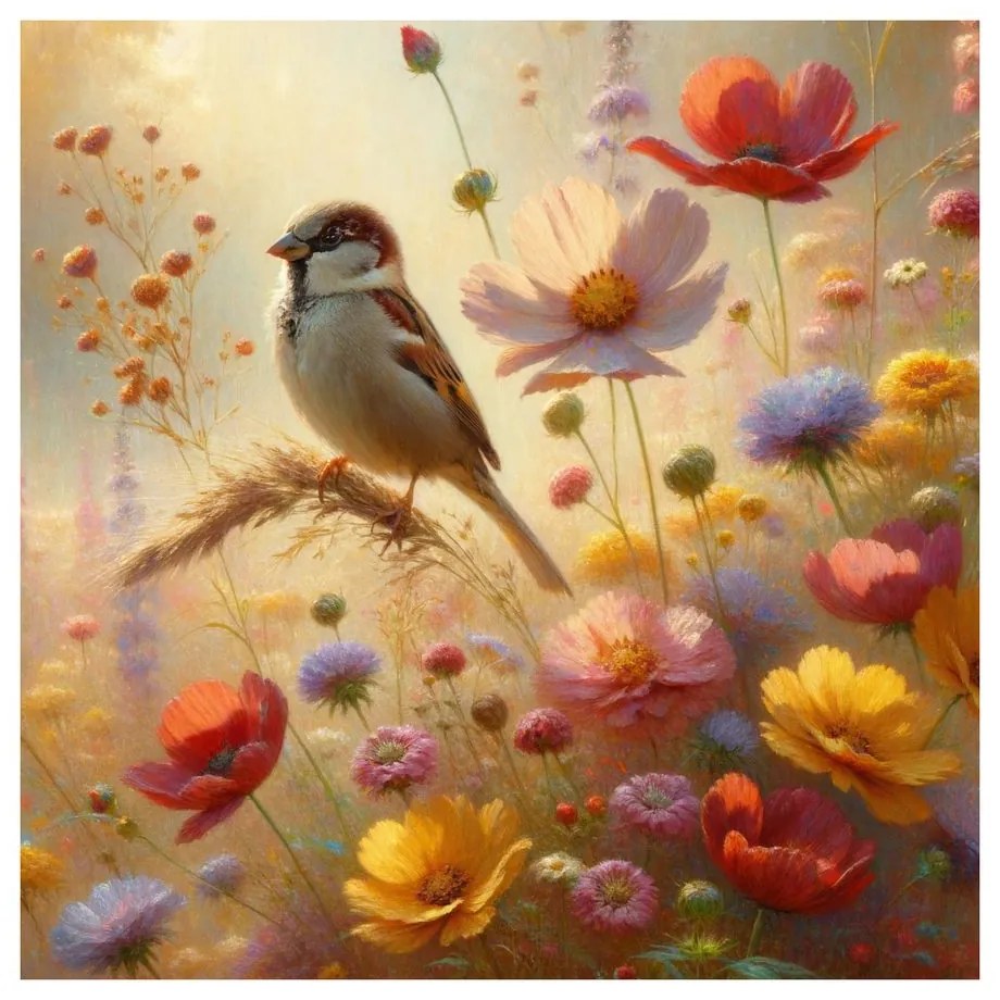 Quadro su tela – Uccellino nella natura in fiore