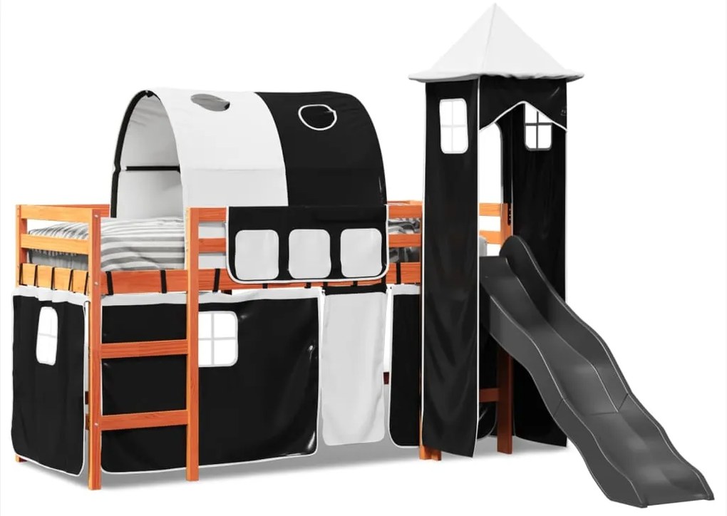 Letto a soppalco con torre bambini bianco e nero 80x200cm pino