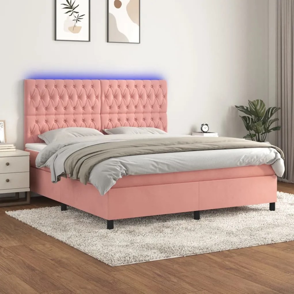 Letto a molle con materasso e led rosa 180x200 cm in velluto