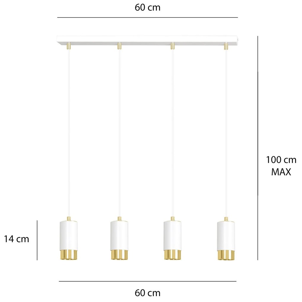 Lampadario 4 Luci Fumiko Con Cilindri In Acciaio Bianco E Oro