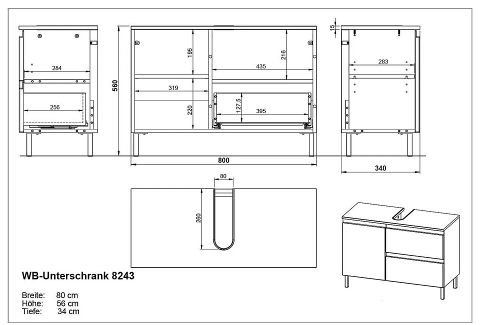 Mobile grigio scuro sotto il lavabo in rovere 80x56 cm Salinas - Germania