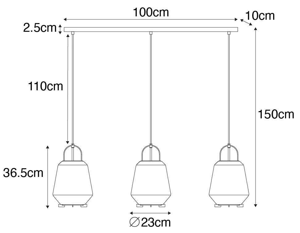 Lampada a sospensione nera con vetro fumé 23 cm oblungo 3 luci - Kevin