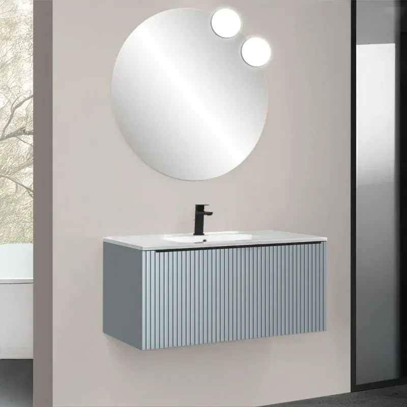 Mobile bagno sospeso 90 cm azzurro polvere cannettato con cassetto, specchio e lavabo Nara