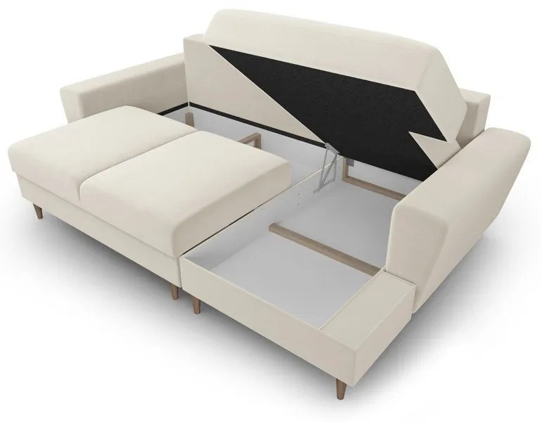 Divano angolare beige allungabile e con contenitore (con penisola a destra/con chaise lounge) con rivestimento in velluto Kyoto – Cosmopolitan Design