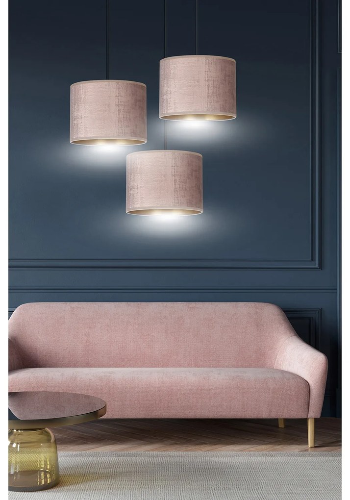 Lampadario Tondo 3 Luci Ganesha In Acciaio Nero E Paralumi In Tessuto Rosa