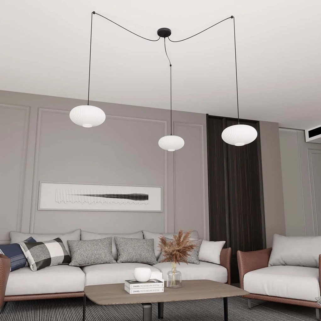 Lampadario 3 Luci Elios In Acciaio Nero Paralume Plissettato Bianco