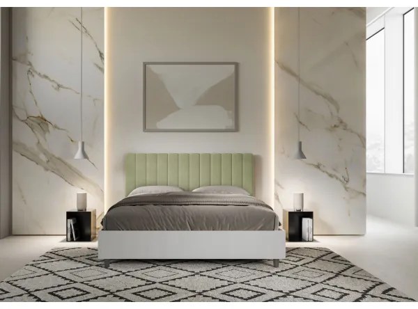 Letto contenitore da 160x200 in legno bianco e testata in microfibra tč verde Kaia