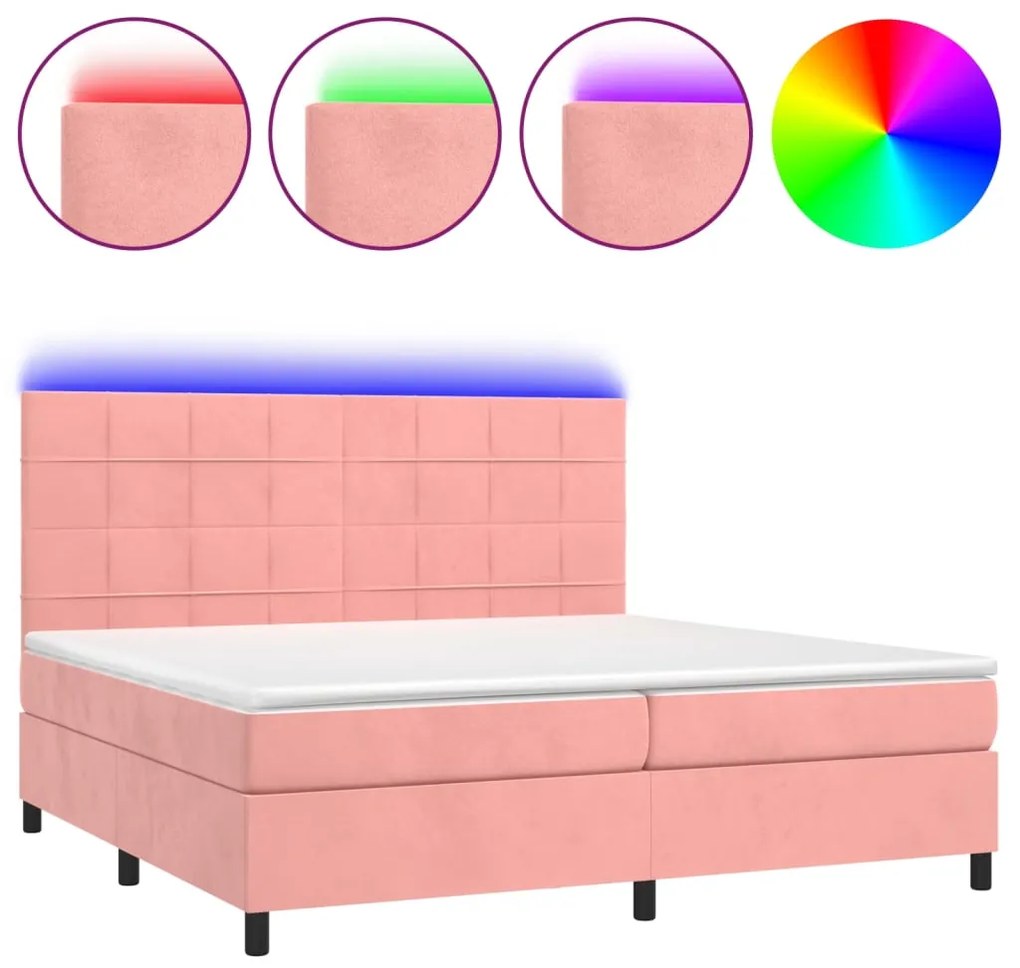 Letto a Molle con Materasso e LED Rosa 200x200 cm in Velluto