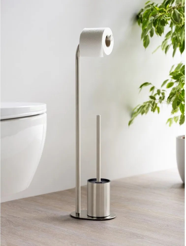 Porta carta igienica color argento opaco in acciaio inox con supporto con spazzola Levante – Wenko