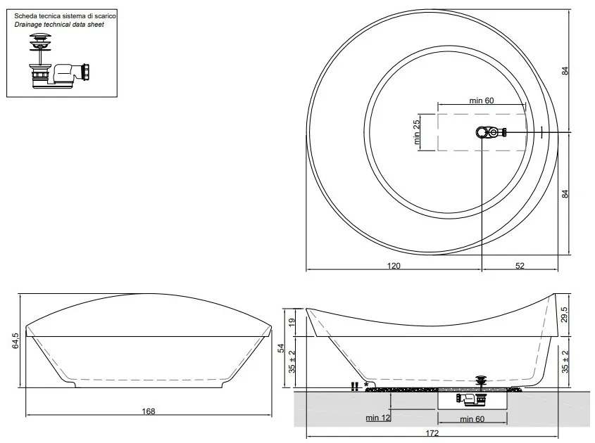 Antonio Lupi Dune2 Vasca Tonda A Semincasso Completa 64,5x172 Cm In Cristalplant Bianco