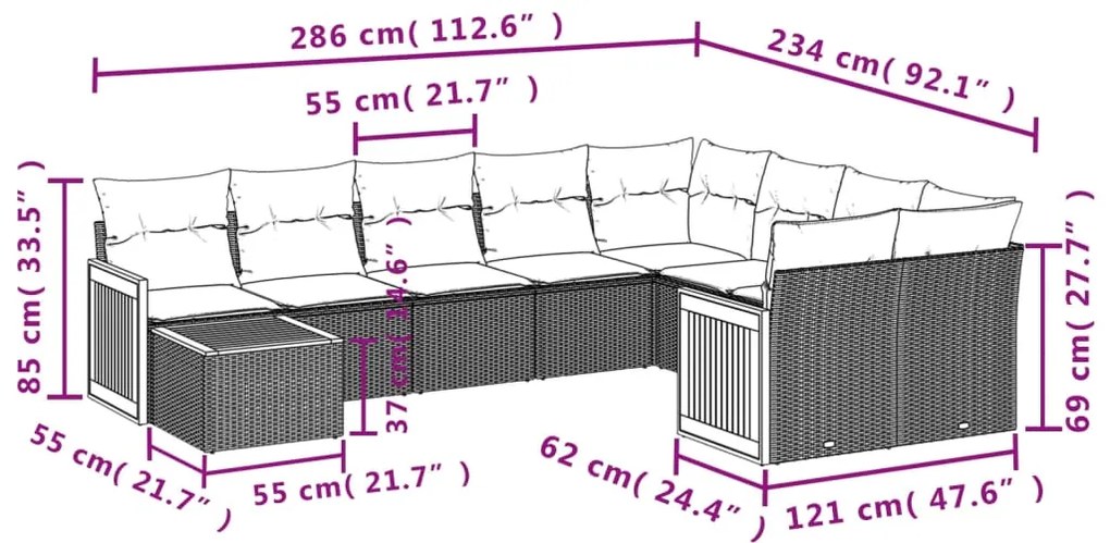 Set divano da giardino 10 pz con cuscini beige in polyrattan