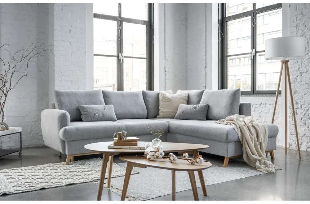 Divano angolare grigio chiaro allungabile/con contenitore (con penisola a destra/a L) Scandic Lagom – Miuform