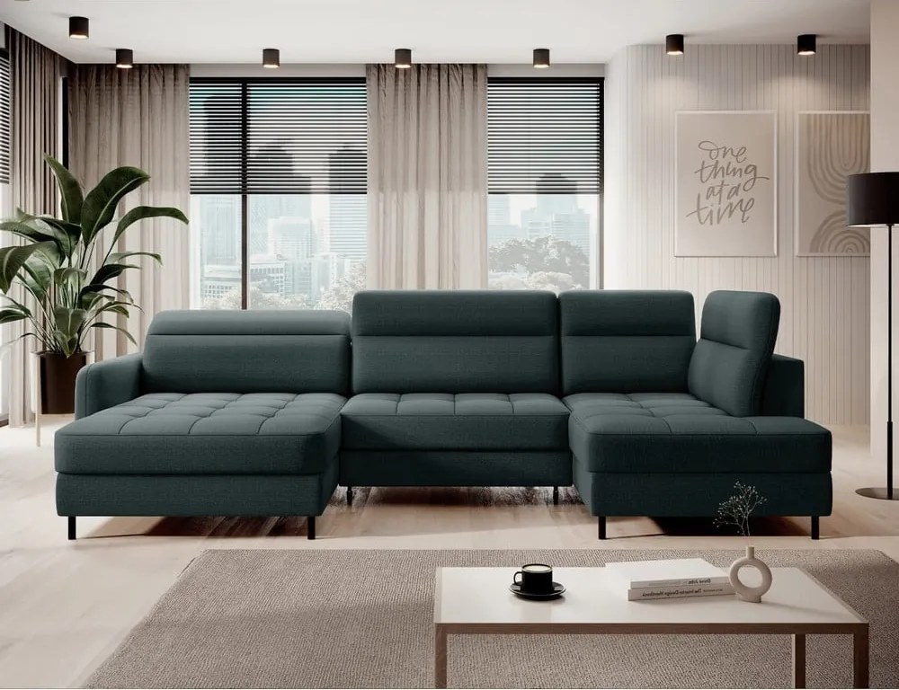 Divano angolare verde allungabile/con contenitore (con penisola a destra/a U) e rivestimento in velluto Berrto – ELTAP