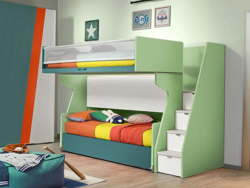 Letto a soppalco con passerella a 3 posti letto in finitura Flora e Pavone