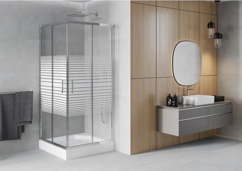 Mexen Rio cabina doccia quadrata 90 x 90 cm, fasce bianche, cromo + piatto doccia, bianco - 860-090-090-01-20-4510