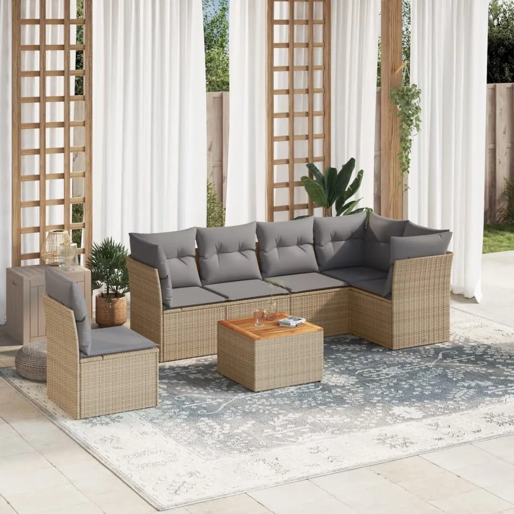 Set Divano da Giardino 7 pz con Cuscini Beige Misto Polyrattan