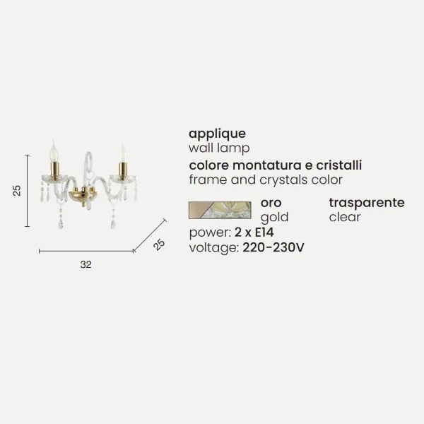 Lampada applique 32x25 cm in cristallo MARIATERESA liscio a 2 luci