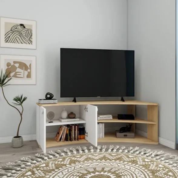 Mobile TV Ad Angolo Design Curvo Con 2 Ante Doris Rovere E Bianco