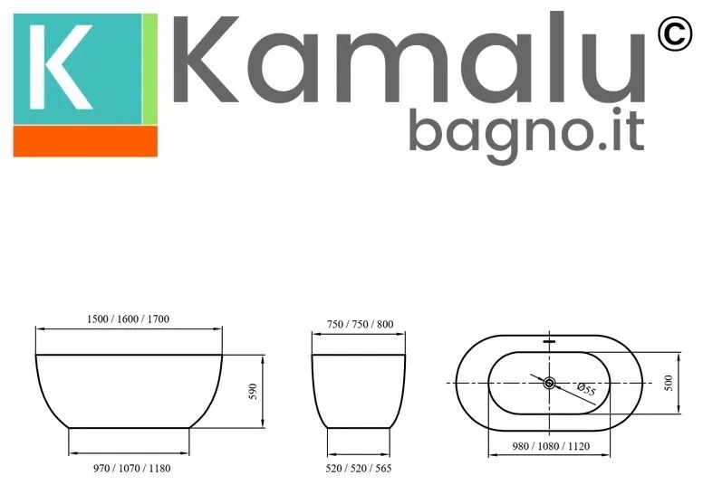 Kamalu - Vasca da bagno centro stanza 150 cm acrilico bianco opaco | KD1500