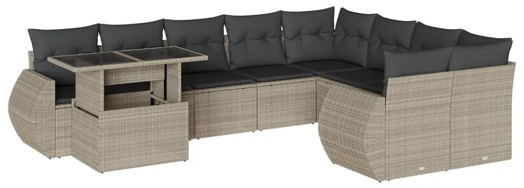 Set divano giardino 10 pz con cuscini grigio chiaro polyrattan