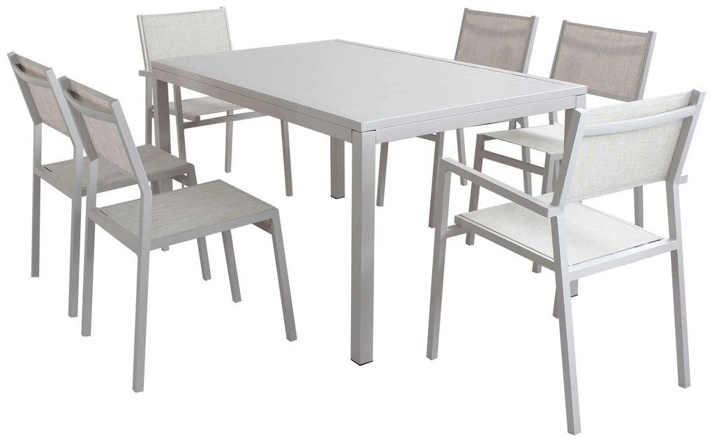 OMEN - set tavolo in alluminio cm 150 x 90 x 74 h con 4 sedie e 2 poltrone Aulus