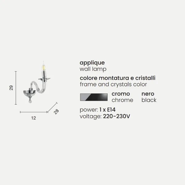 Applique 12 cm RAVEL 1 luce in vetro lavorato a mano Nero
