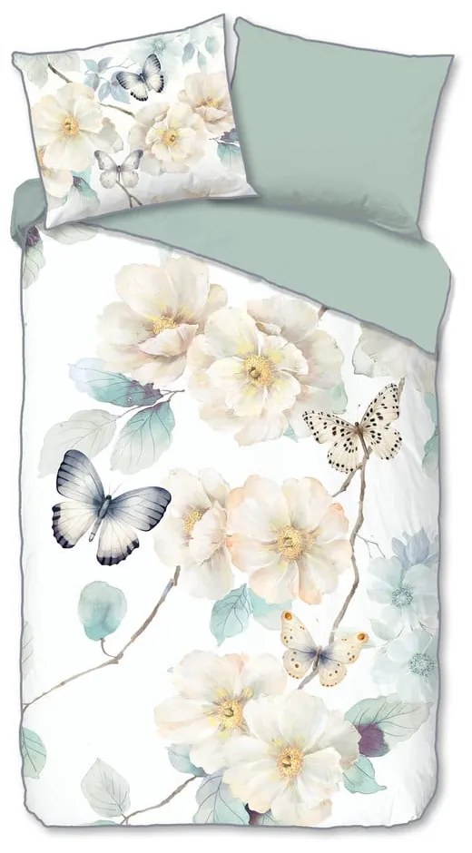 Set copripiumino e federa bianco/verde in raso di cotone per letto singolo ed esteso 140x220 cm Adiwanya – Descanso