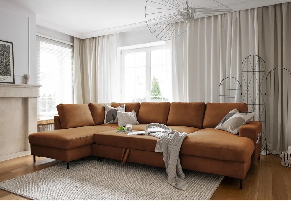 Divano letto angolare in velluto a coste arancione (angolo sinistro) Lofty Lilly - Miuform