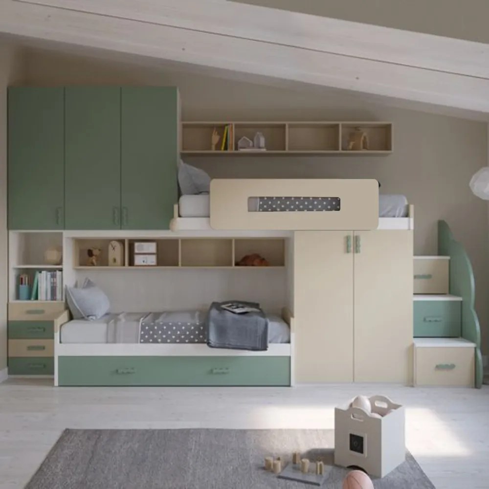Cameretta completa doppia Banny linea Colorfull finitura Salvia e Panna