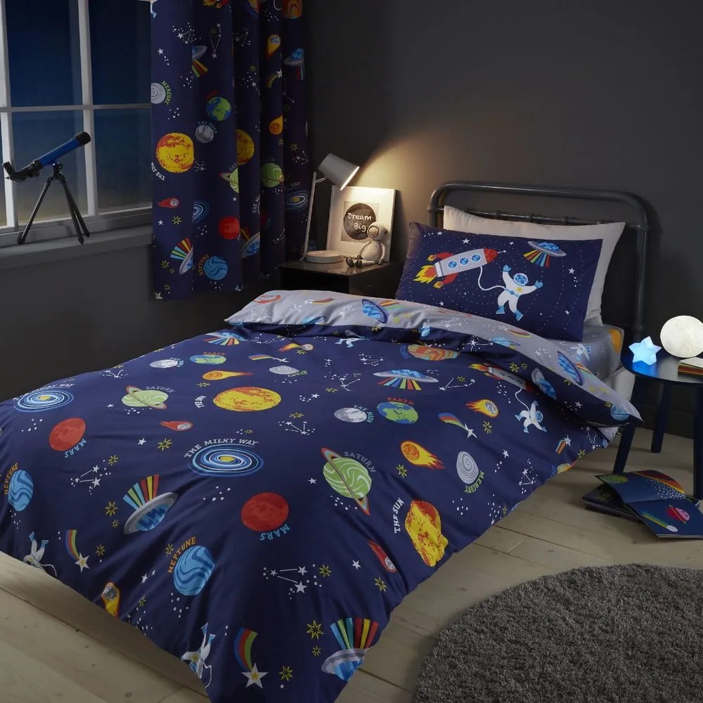 Set copripiumino e federa da bambini blu e grigio per letto matrimoniale 200x200 cm Lost In Space – Catherine Lansfield