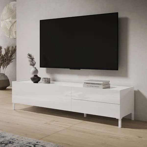 Porta TV in legno 160x40 cm con anta a ribalta e 2 cassetti Bianco Lucido HARAS