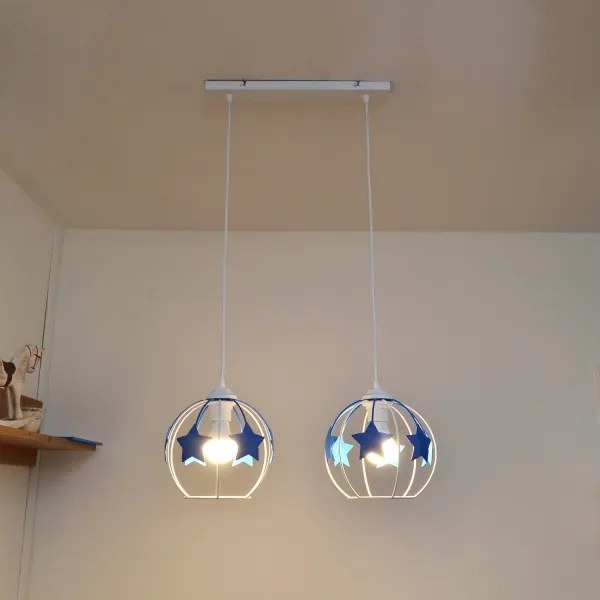 Lampadario a sospensione per bambini STARS 2xE27/15W/230V blu/bianco