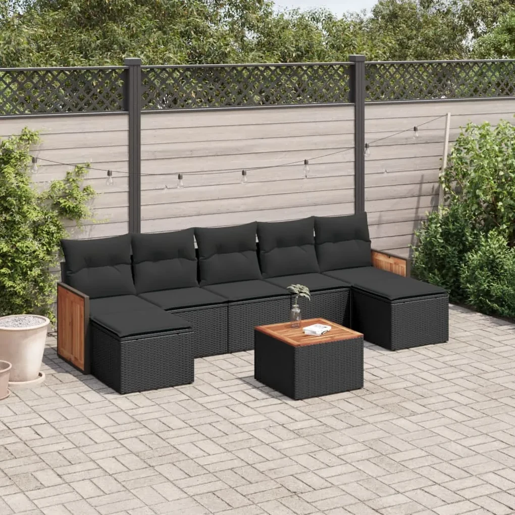 Set divani da giardino con cuscini 8 pz nero in polyrattan