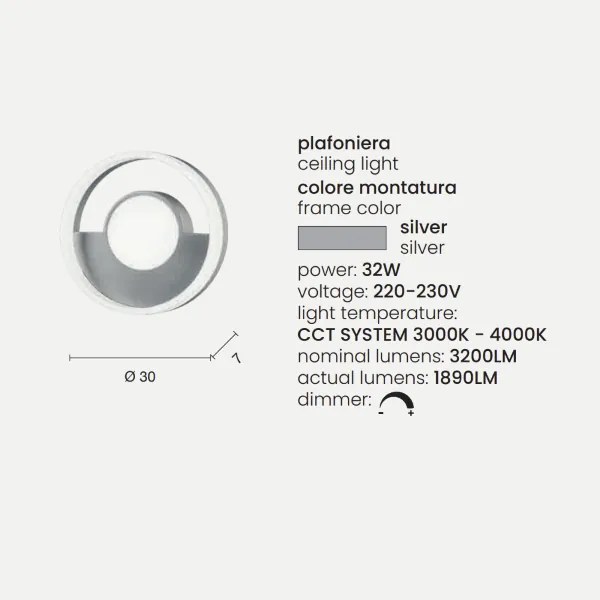 Plafoniera in metallo Argento con diffusore perimetrale D30 cm Led ELISA