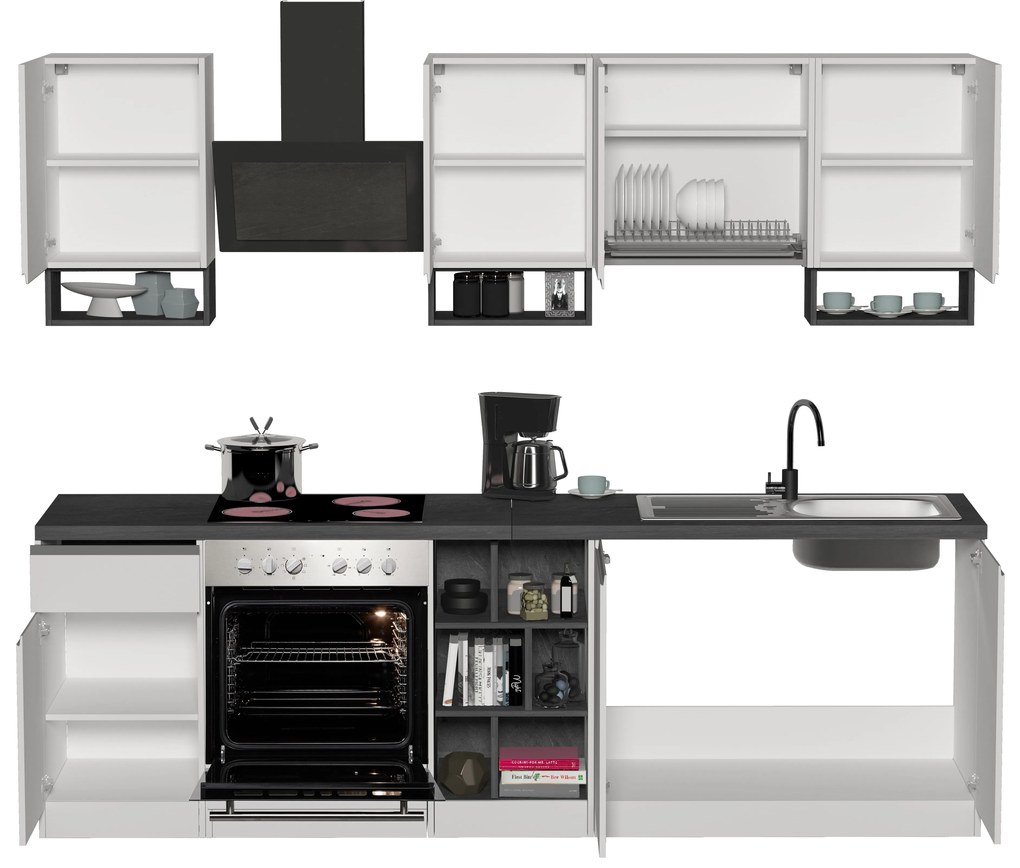 Cucina Lineare SOLE 256 cm - Bianco/Report, Top Elegante 35 mm