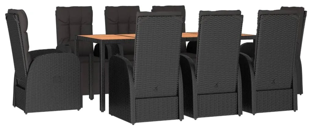 Set pranzo giardino 9pz nero polyrattan e legno massello acacia