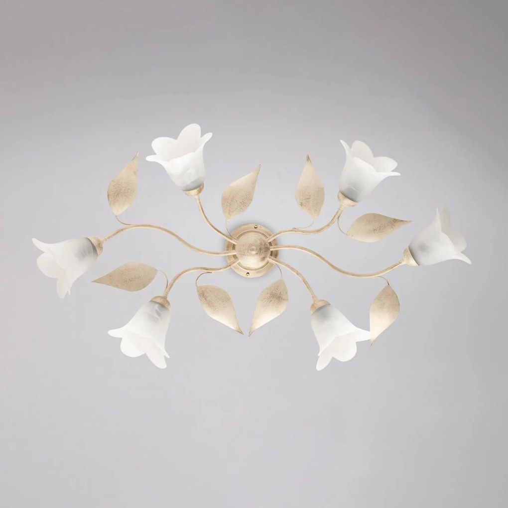 Plafoniera 6 Luci Olga Avorio Oro Ferro Battuto Vetro BeLight