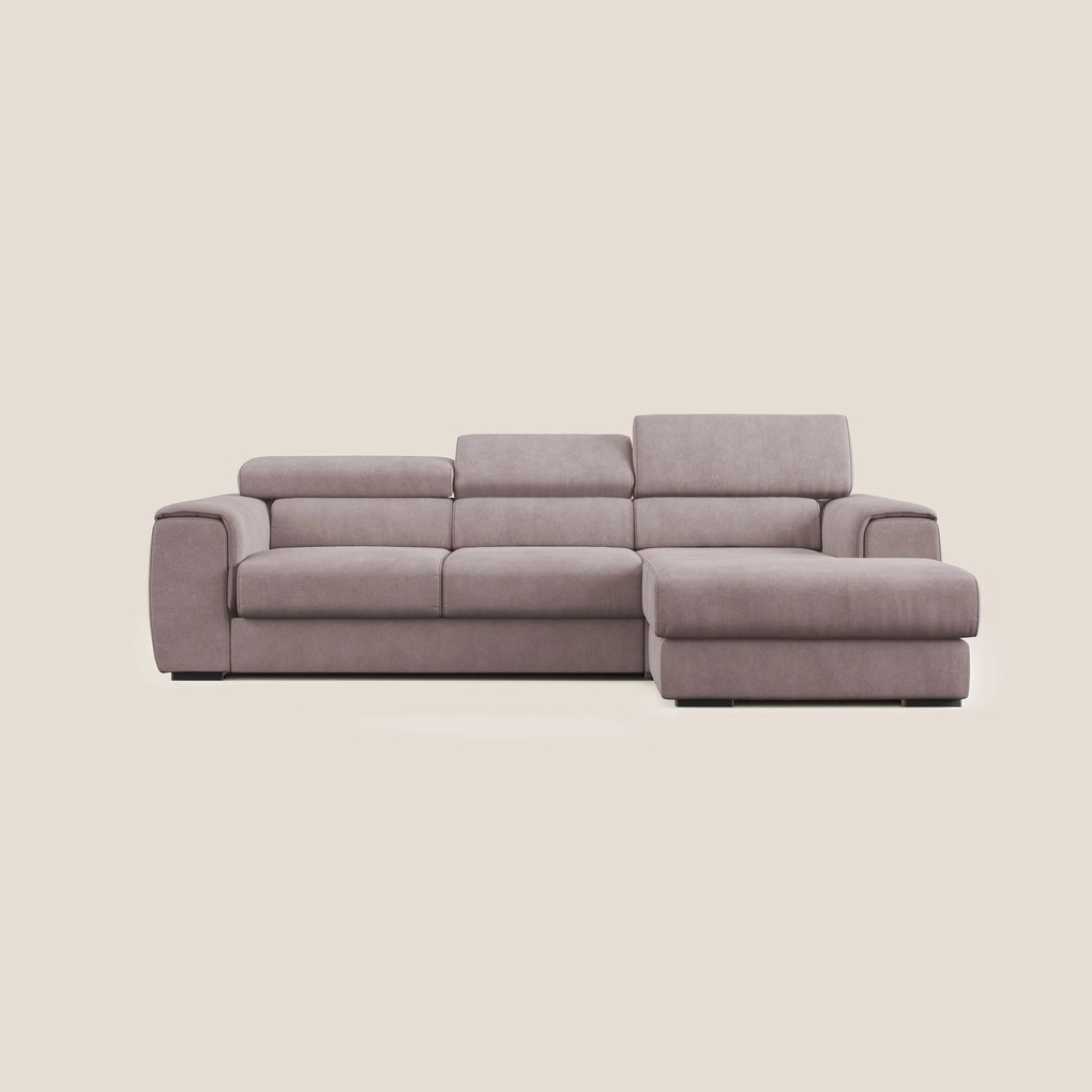 Zeno Divano angolare con pouf estraibile poggiapiedi in tessuto morbido impermeabile T02 rosa