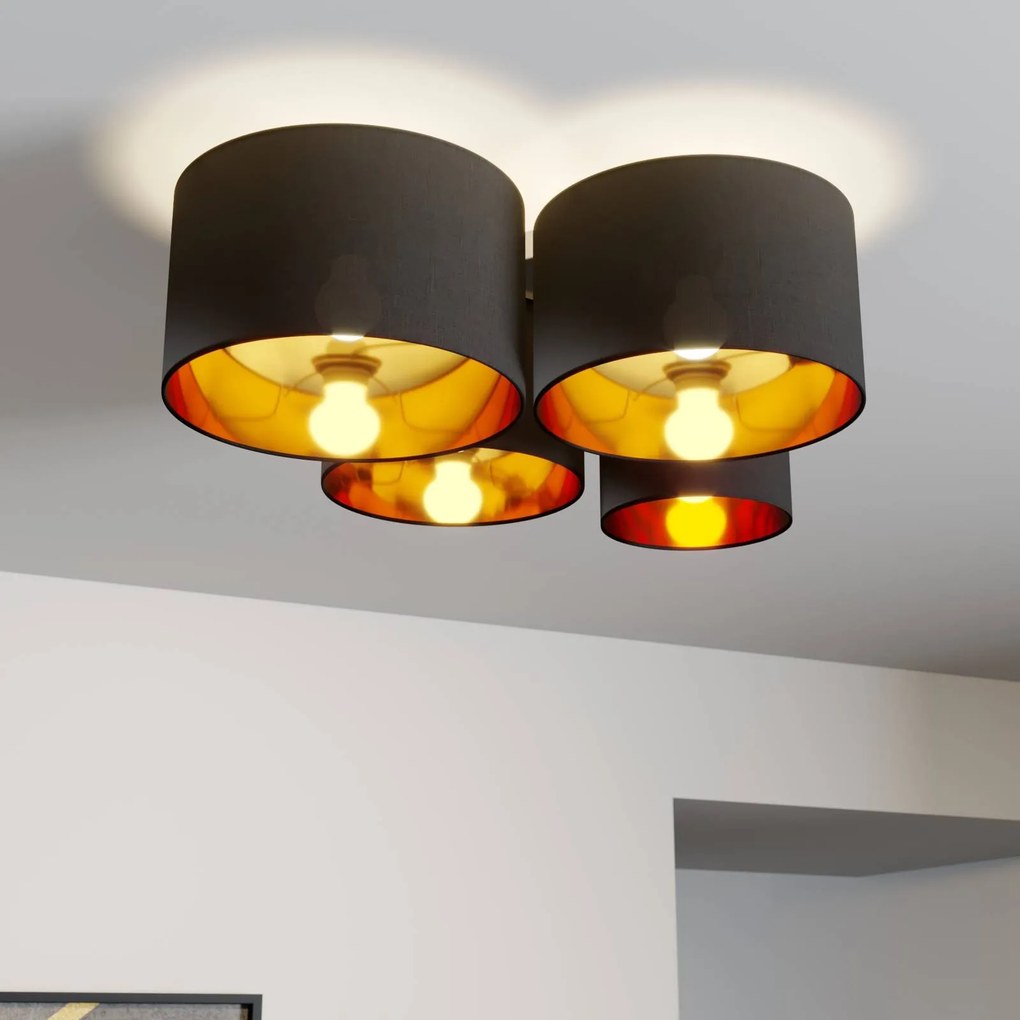 Plafoniera Lindby Laurenz, a 4 luci, nero/oro, tessile